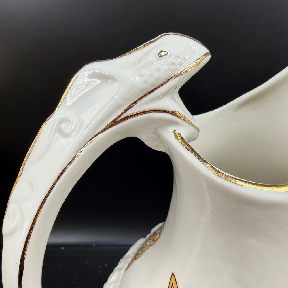 Cre Irish Porcelain Celtic Pitcher Galway Ireland Serpent Handle Gold Trim 7in‎